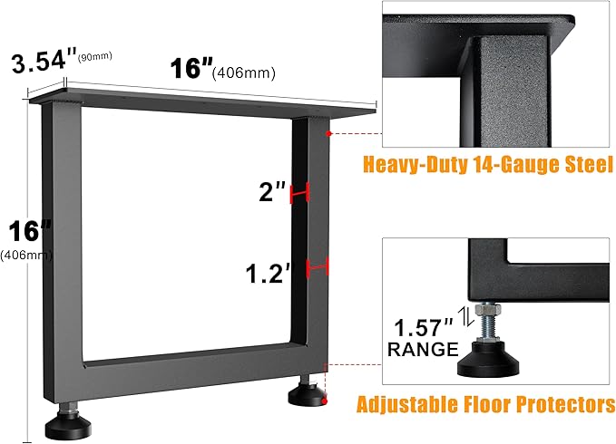 CHICAURA Heavy-Duty Metal Table Legs, 16x16 inches, Modern Industrial Style Steel Square Frame, Suitable for Coffee Tables, Side Tables, etc., Load-Bearing Capacity of 800 pounds, 2-Piece Set (Black)