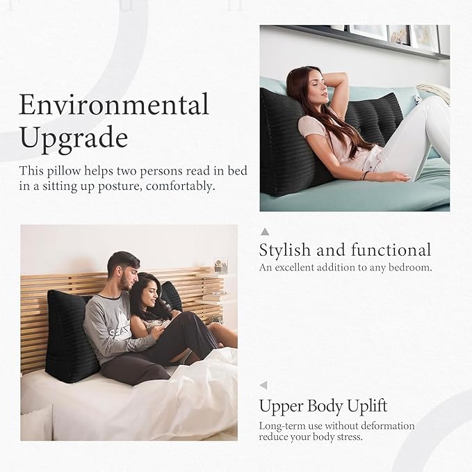 Wedge Headboard Pillow Dorm Room Reading Pillow Back Support for Sitting Up in Bed Bolster Lumbar Cushion Body Positioning Bedrest Corduroy (Black, Twin (39 * 8 * 20in))