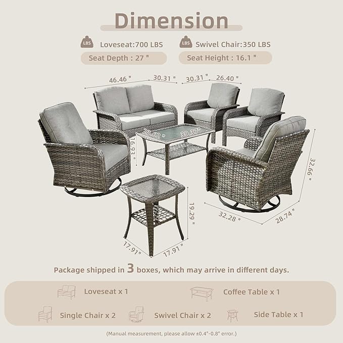 7-Piece Wicker Patio Furniture Set, All-Weather Rattan Conversation Bistro Loveseat Chair and Patio Rockers Set for Backyard, Balcony and Deck with Soft Cushions and Metal Table(Dark Gray)