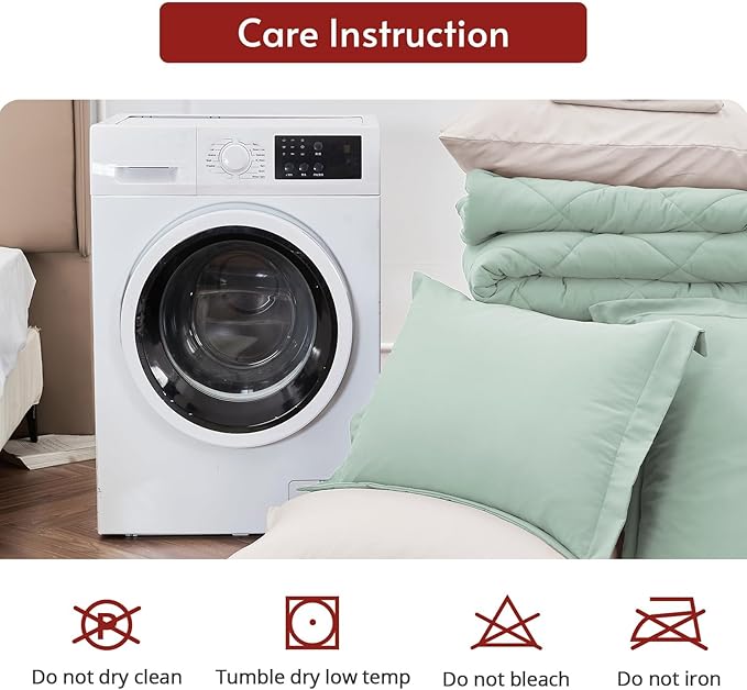 MUXHOMO 7 Pieces King Comforter Set, Reversible Bed in a Bag King Size, All Season Bedding Set with Comforter, Flat Sheet, Fitted Sheet, Pillowcases & Shams, Sage Green & Beige