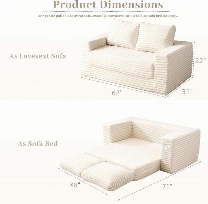 HABUTWAY Convertible Folding Sofa Bed Couch,3 in 1 Pull Out Couch Bed,Loveseat Sleeper Sofa Bed,Boneless Couches with Pillows for Living Room Bedroom, Beige