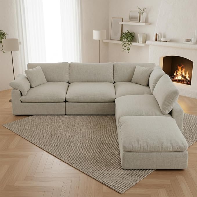 Forest aesthetics 143" Cloud Modular Sectional Sofa,Light Beige Down Filled Sofa 4 Seat with Chaise,Minimalist Sofa Cover Washable and Replaceable Couches for Living Room,Sectional Sofa Deep Seat