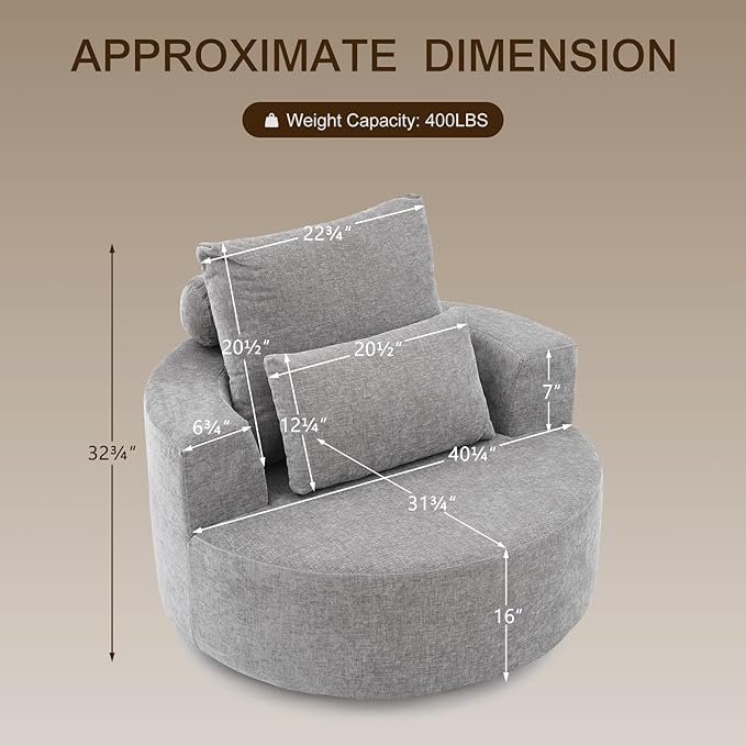 Furnimart 40" Oversized Barrel Accent Chair Set of 2, 360° Swivel Round Upholstered Sofa, Chenille High-Resilience Sponge, No Assembly, Wide Seat for Living Room, Bedroom, Apartment (Gray)