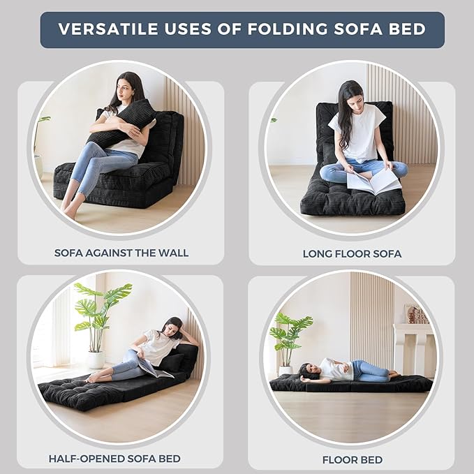 MAXYOYO Bean Bag Bed Tufted Folding Sofa Bed with Pillows Floor Mattress for Adults, Extra Thick and Long Floor Sofa, Single Couch for Bedroom Living Room, Black, 30x91 Inch