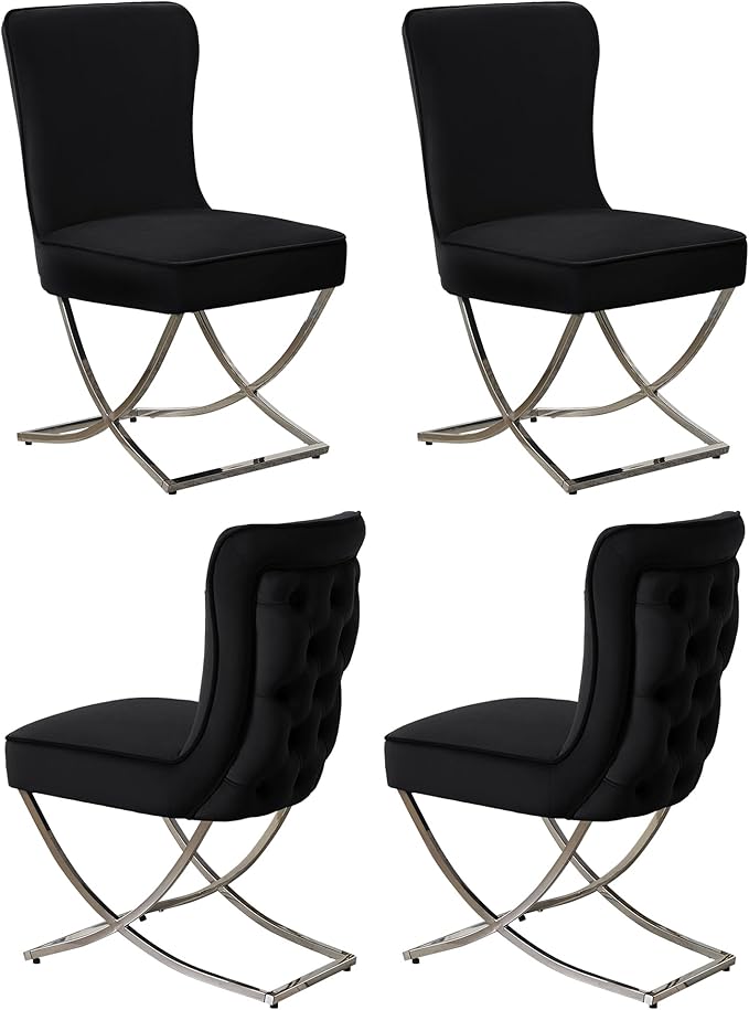 WUTUTUEE Luxury Velvet Dining Chairs, Tufted Upholstered Armless Accent Chairs with Silver Metal X-Legs, Modern Glam Dining Room Chair Set of 4, Black