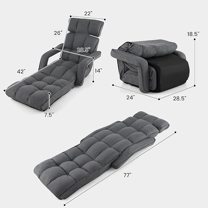 RELAX4LIFE Floor Chair Sofa Bed - Folding Lazy Sofa w/6-Position Adjustable Backrest, Armrests & 8-Level Footrest for Living Room Bedroom, Gaming Floor Chairs for Adults, Foldable Chaise Lounge Indoor