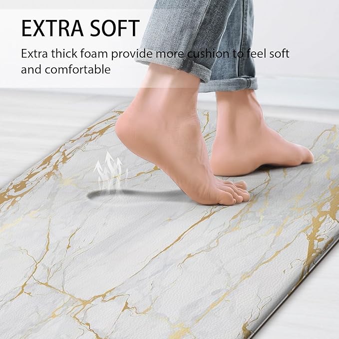 Kitchen Floor Mats Cushioned Anti Fatigue, White Marble Kitchen Rugs Set of 2 Non Slip Waterproof Memory Foam Kitchen Mat Comfort Standing Mat for Gold Kitchen Accessories and Décor