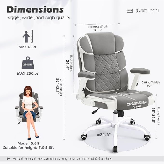 SEATZONE Office Chair Linen Fabric Ergonomic Executive Computer Desk Chairs Small Cute Rolling Task Chairs for Teens&Adults,Gray