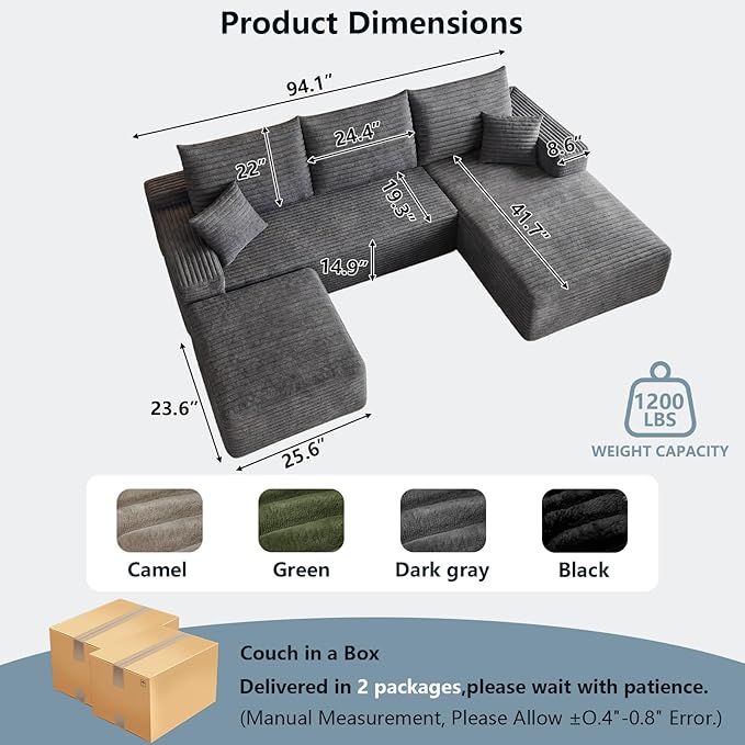 95" Cloud Sectional Couch with Ottoman,Modern U-Shaped Cloud Couch with Deep Seat,Comfy Corduroy 3-Seater Sofa,Memory Foam Sofa for Living Room,No Assembly (Dark Gray,Right-Facing Chaise)