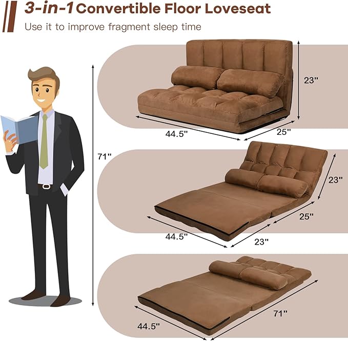 KOMFOTT Adjustable Floor Sofa Bed, Foldable Lazy Sofa Sleeper Bed with 6 Position Backrest & 2 Pillows, Convertible Futon Couch Bed with Suede Cloth Cover, Lounge Recliner for Living Room (Coffee)
