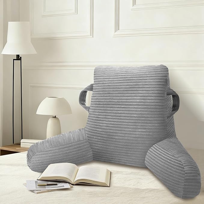 ABROLOY Reading Pillow for Sitting in Bed Adult, Bed Reading Pillow with Shredded Memory Foam, Back Pillow for Sitting with Arms and Pockets, LightGrey