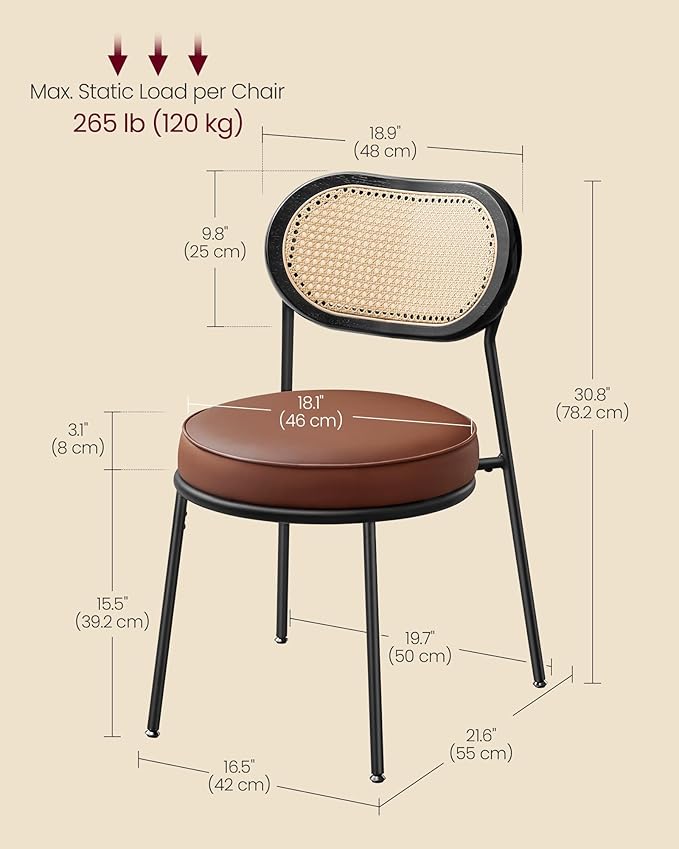 VASAGLE Dining Chairs, Set of 6 Accent Chair for Dining Room Kitchen, with Boho PE Rattan Back, Synthetic Leather Upholstery, Coffee Brown ULDC160K26