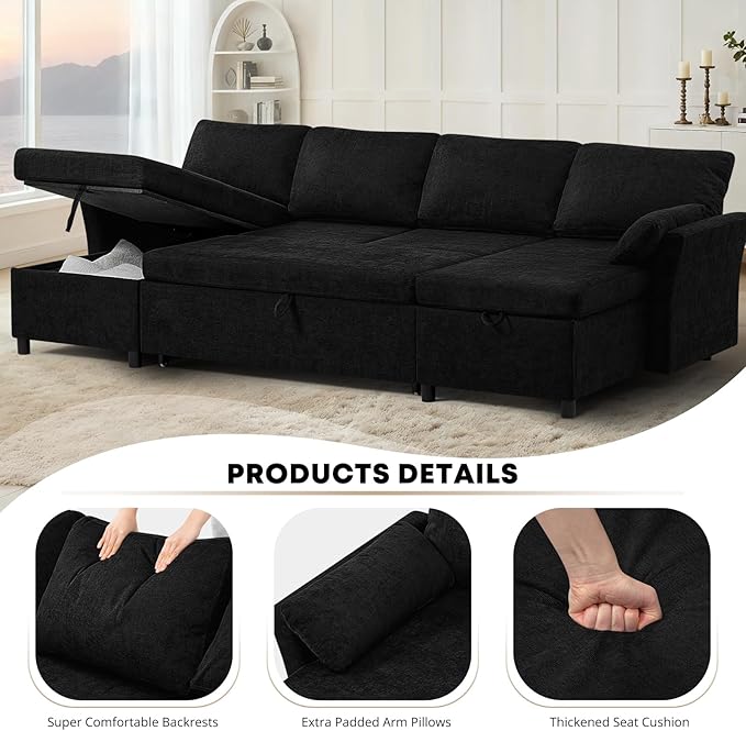ACMEASE 107 Inches Fabric Sectional Sofa with Pull Out Sofa Bed, Modern U Shaped Sofa with Throw Pillows, Comfortable Sleeper Couch with Storage Chaise for Living Room, Black