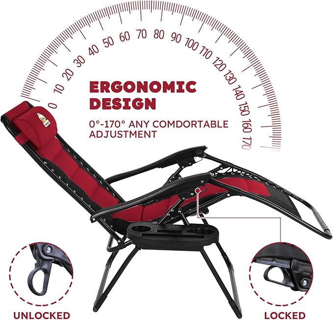 Colegence Oversized Padded Zero Gravity Lounge Chair, Foldable Patio Anti Gravity Reclining Chairs Folding Lawn Recliner with Cup Holder for Yard, Camping, Outdoor, Support 350 LBS, Burgundy