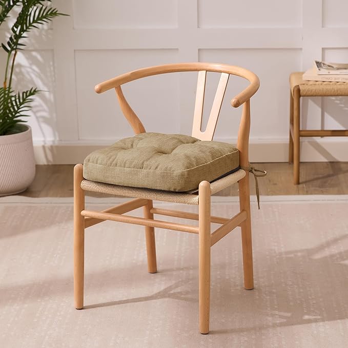 Chair Cushions for Dining Chairs, Dining Chair Cushions, Tufted Indoor Chair Pads with Ties & Non Slip Backing, Seat Cushions for Kitchen Chairs 16.5” x 16.5” x 3.5”, Set of 4, Khaki