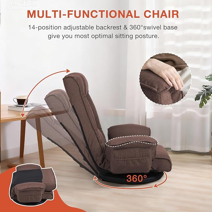 Ergonomic Swivel Floor Gaming Chair with Armrests & Side Pockets, 6-Position Reclining Sofa Bed, Foldable Padded Lounger with Thick Cushion & Lumbar Support for Esports, Reading, TV Watching (Brown)