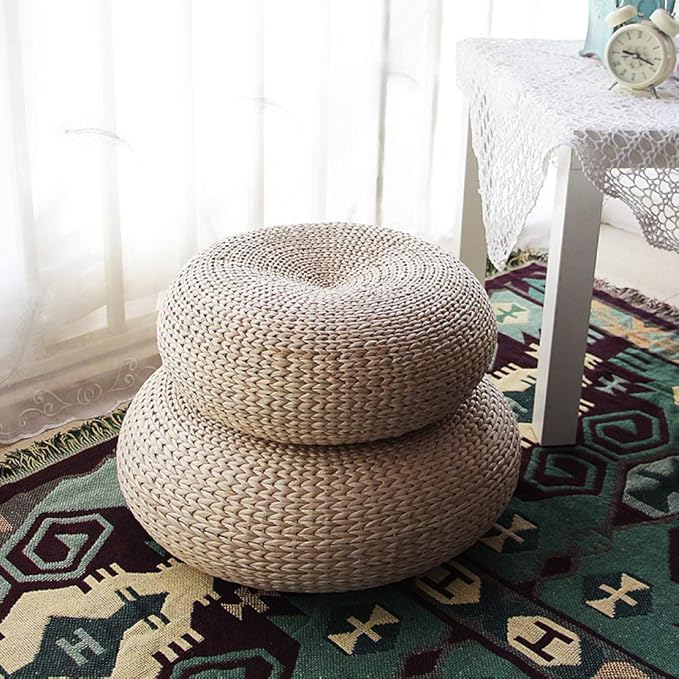 Handwoven Banana Leaf Pouffe Chair - Round Floor Seat with Padded Cushion for Comfort - Eco-Friendly Seating Solution for Home Decor and Relaxation
