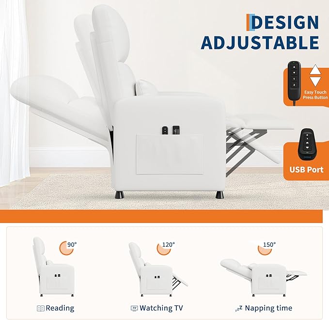 GarveeHome Power Recliner Chair, Adjustable Electric Recliner Ergonomic Overstuffed PU Leather Single Sofa, Tall Back, Padded Seat, 2 Side Pockets and USB Port, Home Theater Seating for Living Room