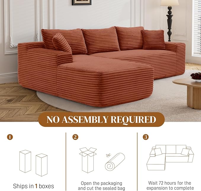 95" Boneless Cloud Sectional Couches for Living Room, Comfy Fluffy L Shaped Memory Foam Deep Seat Boneless Couch, Modular Sectional Sofa with Left Facing Chaise, Orange