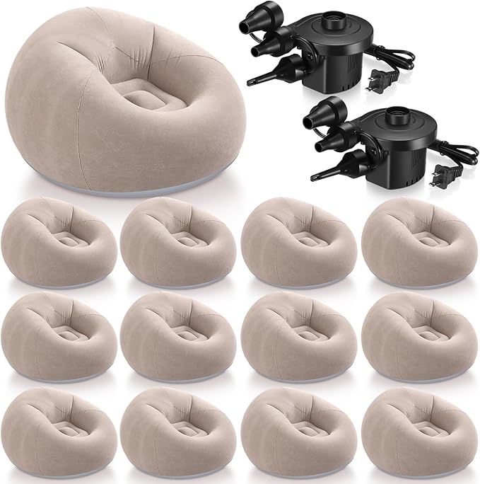 Realspring 12 Pcs Inflatable Bean Bag Chairs for Adults with Electric Air Pump, Blow up Couch Folding Portable Inflatable Couch Lazy Sofa for Outdoor Movie Nights Camping Room (Coffee)