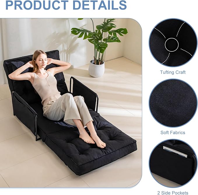 YOSHOOT Adjustable Lazy Floor Sofa, Folding Couch Bed with 5 Positions Adjustable Backrest, Convertible Bean Bag Sofa Bed Couch Foldable Sleeper Chair with Pillow for Reading Gaming（Black, Single）