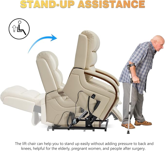 Dual Motor Power Lift Recliner Chair, Lay Flat Recliner, Lift Chair with Massage and Heat, Standing Assistance, Infinite Position Reclining, Living Room Chair (Faux Leather Beige)