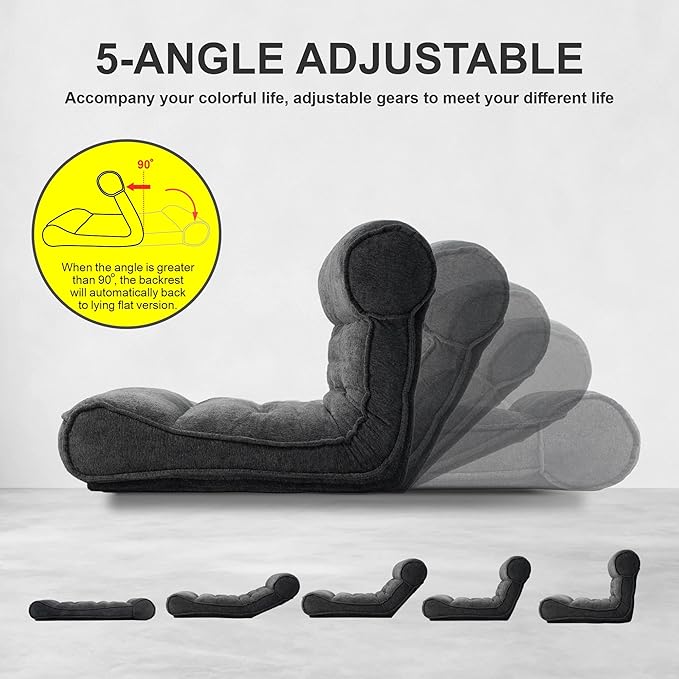 Lazy Floor Bed 83" – Extra Comfy Sleeper Chaise Lounge Chair Indoor, Adjustable Recliner Floor Lounger, Plush Futon Chair Bed for Yoga, Gaming, Meditation & Reading Nook (Recliner, Black)
