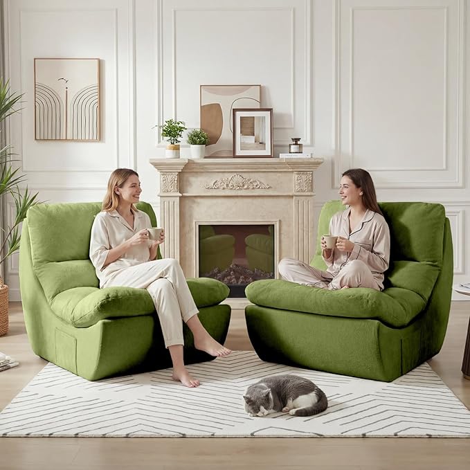 Set of 2 Bean Bag Chairs for Adults, Single Sofa, Lazy Sofa, Anti Cat Scratch Fabric with Machine Washable, Beanbag Chair for Bedroom, Floor Couch Living Room, Bedroom, Dorm, Reading Corner(Green)