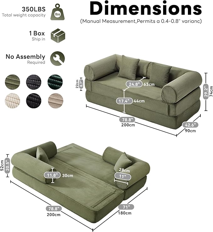 Tbfit Boneless Sofa Bed, Corduroy Compress Couch with Wide Armrests & 2 Pillows, Deep Seat Couches for Living Room