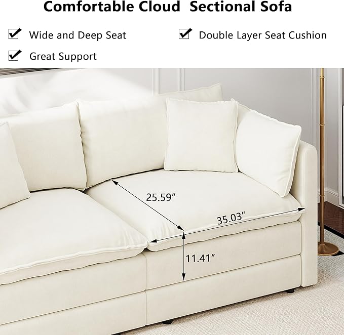 Aoowow Modular Sectional Sofa,112.2 Inch Modern Deep 3-Seater Sofas Comfy Chenille Cloud Sofas and Couches with Pillows for Living Room Apartment（Beige）