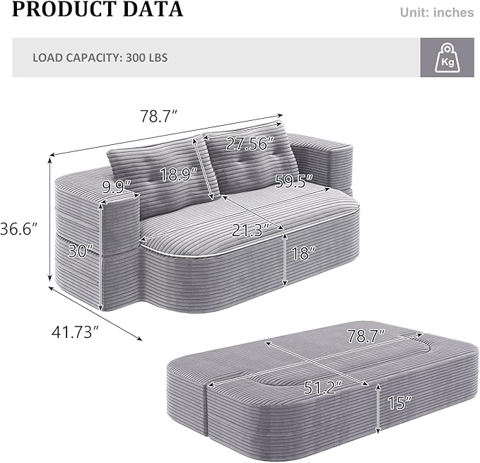 78.7" Convertible Sleeper Sofa Bed, Floor Couch Loveseat with Functional Blanket and 2 Soft Pillows,Corduroy Fabric Boneless Futon Couch for Living Room,Bedroom,Apartment (Light Grey)