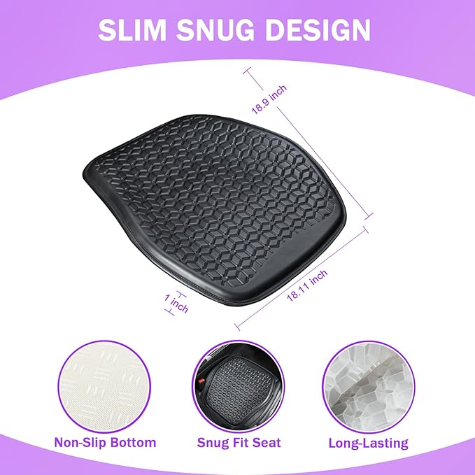 Binsheo Thin Gel Seat Cushion for Car Seat, Office Chair, Wheelchair, Golf Cart - Non-Slip Car Seat Cushions with 0.7 Inch Gel - Sciatica & Coccyx Pain Relief (Leather, Black)