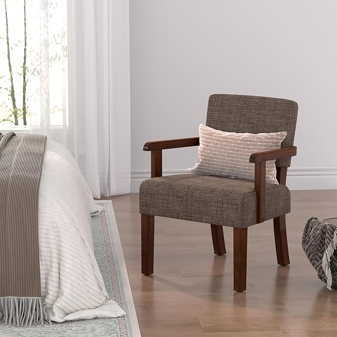 FAGAGA Accent Chair,Armchairs with Solid Wood Frame and Legs,Upholstered Reading Leisure Chair for Bedroom,Office,Waiting Room (Linen, Brown, One Chair)