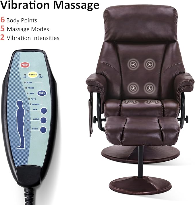 MCombo Swivel Recliner with Ottoman, TV Chair with Vibration Massage, Ideal for RV Small Space, Living Room & Bedroom 4539 4828 (Faux Leather, Dark Brown)