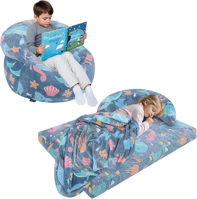 COMAX Bean Bag Chair for Kids, Dinosaur Convertible Toddler Beanbag Bed, Children Bean Chair Stuffed to Floor Mattress with Filler, Ocean Life