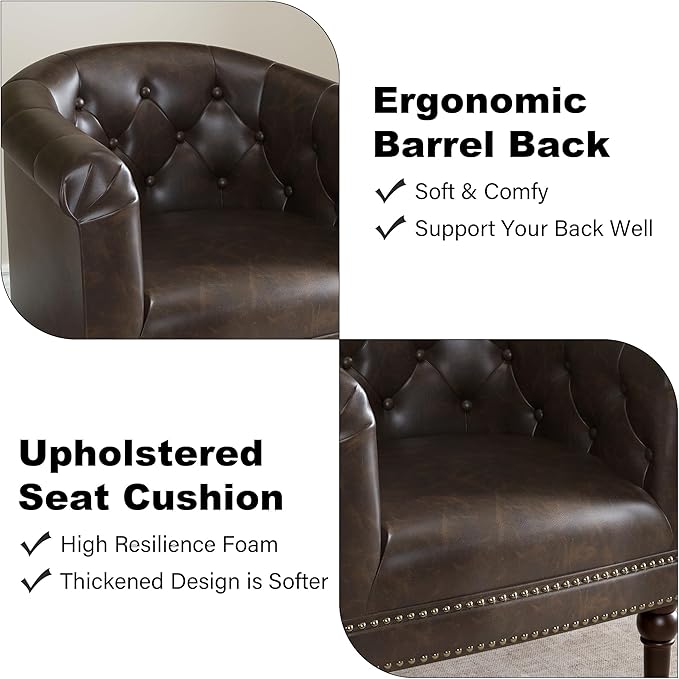 DREAMSIDEA Accent Chair, Upholstered Faux Leather Barrel Chair with Nailed Trim, Comfy Club Armchair for Reading Living Room Bedroom Waiting Room (Chocolate, Set of 2)