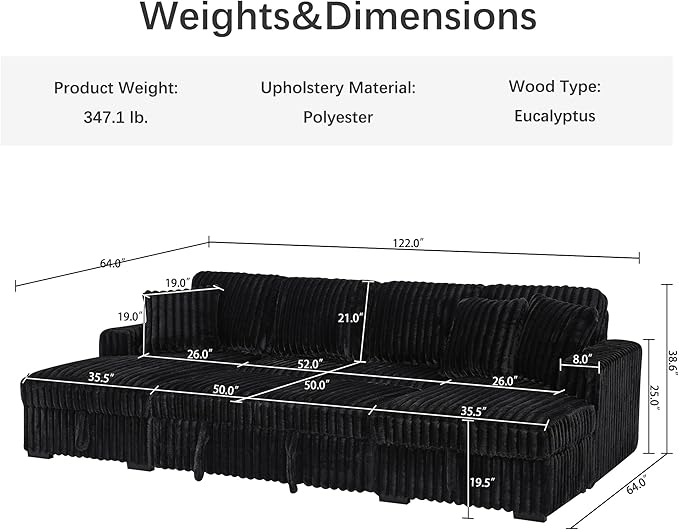Olodumare 122'' Oversized Sleeper Sectional Sofa with Pull Out Bed for Living Room, U-Shaped Convertible Couch with Double Chaise Storage for Small Space, Plush Comfy Corduroy Fabric, Polar Black