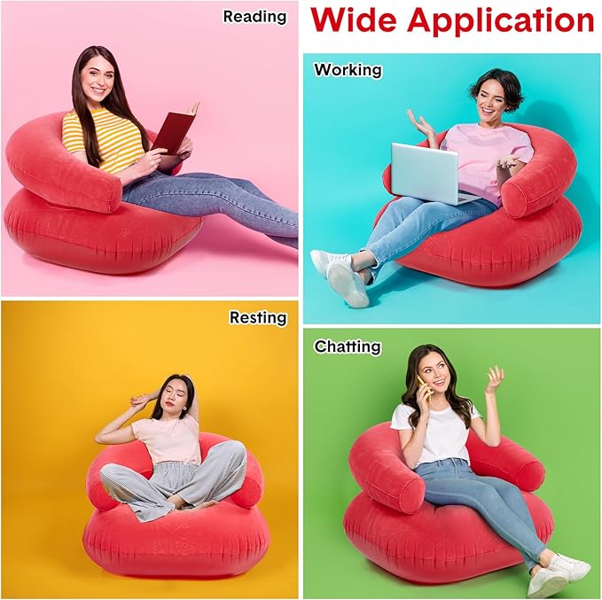 Threehoney 2 Pcs Inflatable Lounge Chair Deck Chair Lazy Sofa, Blow Up, Folding, Portable Couch for Home, Office Balcony, Floor Seating (Red)