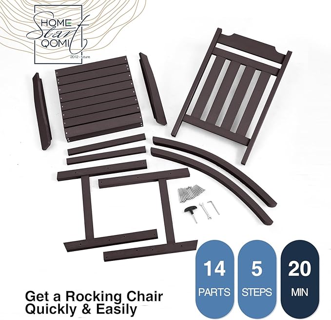 hOmeQomi Rocking Chair, All Weather Resistant Poly Lumber Outdoor Porch Rocker, Rocking Chairs for Outdoor, Indoor, Patio, Deck, Garden, Backyard, Load Bearing 380 lbs - Brown