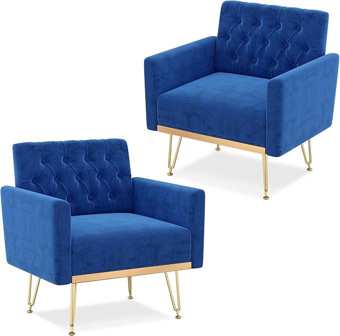 Accent Chair for Living Room, Comfy Oversized Velvet Upholstered Arm Chairs, Mid Century Modern Reading Single Sofa Side Chair with Tufted Back and Gold Legs for Bedroom (2, Navy)