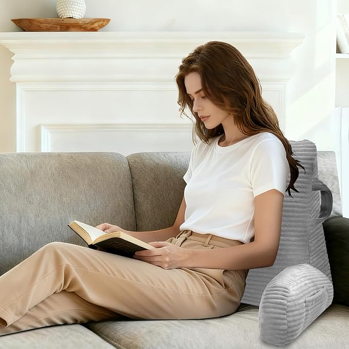 ABROLOY Reading Pillow for Sitting in Bed Adult, Bed Reading Pillow with Shredded Memory Foam, Back Pillow for Sitting with Arms and Pockets, LightGrey