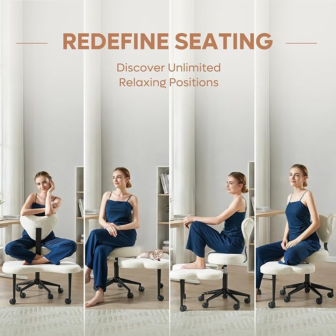Nost & Host Cross Legged Office Chair with Wheels, 4INCH ADHD Chair for Adults, Meditation Chair, Height Adjustable Seat, Yoga Chair, Teddy Fabric, Off White