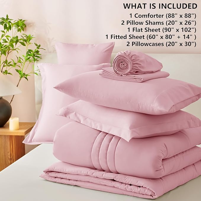 CozyLux Queen Comforter Set - 7 Pieces Bed in a Bag Pink Comforter Set with Sheets Luxury Bed Set All Seasons, Soft Bedding Set with Down Alternative Comforter, Sheets, Pillowcases & Shams