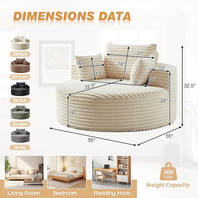 55"W Oversized Round Chair Lounge Chaise Indoor, Upholstered Comfy Circle Sofa Armchair, Modern Cozy Boneless Foam Floor Reading Chair for Living Room, Bedroom, No Assembly Required(Corduroy, Beige)