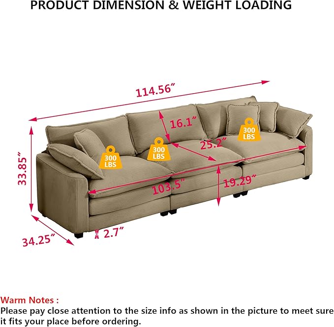 Aoowow Corduroy 3 Seater Sofa Couch,Modern Large Cloud Couches for Living Room,Modular Sectional Cloud Sofas with Deep Seat,Oversized Tufted 3 Seat Sofa Set. (Tan, 3 Seater)