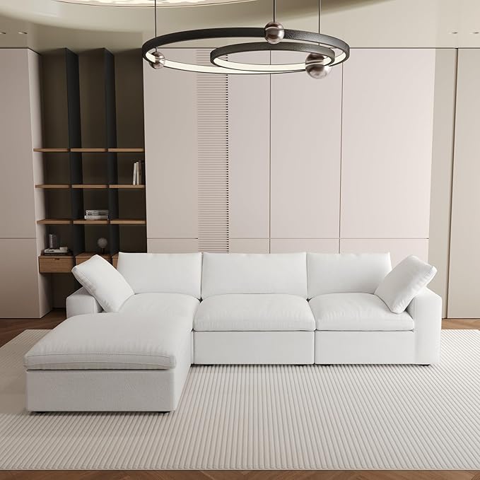 WJShome Modular Sectional Sofa,L Shaped Cloud Couch Sectional,120inch Deep Seat Couches, 3 Seater+ 1 Storage Ottoman for Living Room/Office (White, 4 Seater)
