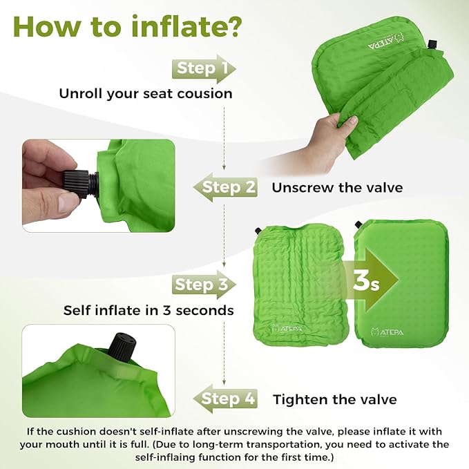 ATEPA Inflatable Seat Cushion, Self-Inflating Portable Stadium Airplane Travel Foam Cushion Pad for Camping, Sports Events, Outdoor