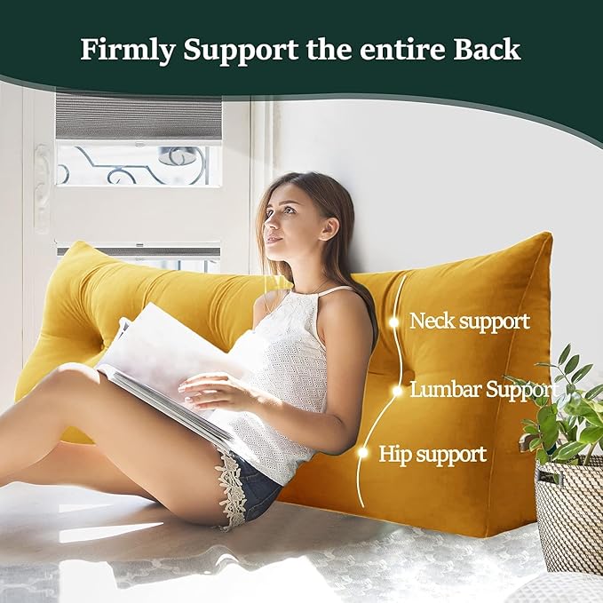 Bed Wedge Headboard Pillow - College Dorm Reading Pillow Back Support While Sitting in Bed - Ergonomic Lumbar Pillow Body Positioning Bed Pillow - Velvet Golden Yellow 59IN