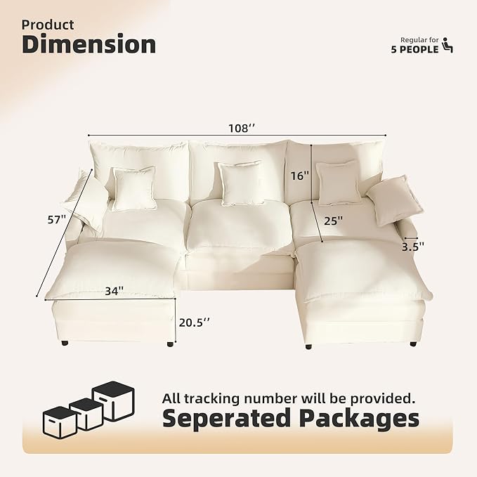GOSUHI 108" U Shaped Couch, Modular Sectional Sofa, 3-Seater Comfy Cloud Couch with Movable Ottoman, Deep Seat Couches for Living Room, Chenille, Ivory