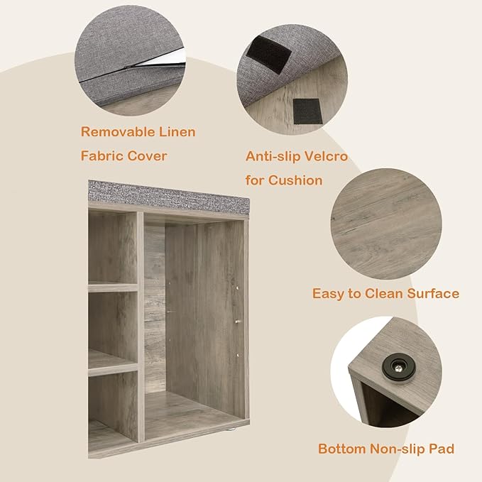 DINZI LVJ Shoe Bench, 12 Cubbies Shoe Organizer for Entryway, Storage Bench with Cushion, Cubby Shoe Rack with Adjustable Shelves for Living Room, Bedroom, Mudroom, Hallway, Gray Wash